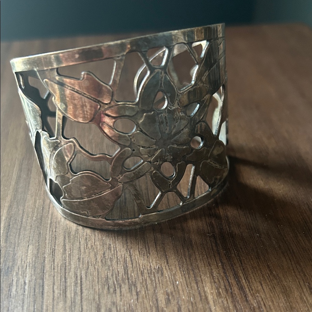 Silver Floral Cutout Cuff Bracelet - Picture 2 of 11